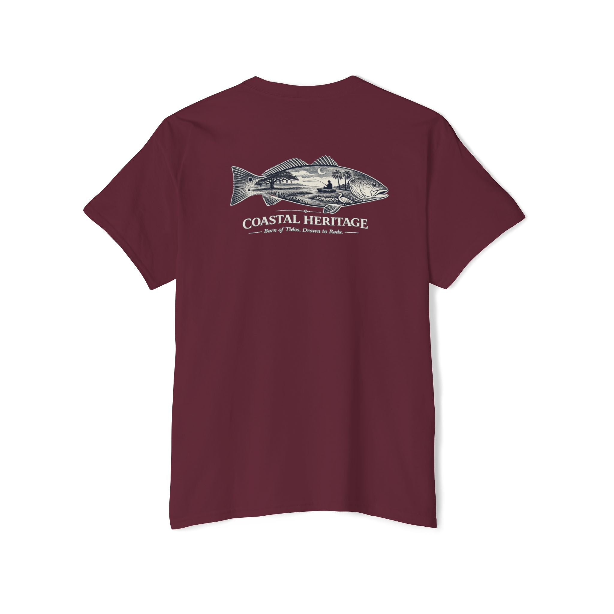 Red Drum Fishing T-Shirt | Coastal Heritage Tee | Born of Tides Drawn to Reds | Southern Coastal Lifestyle Shirt