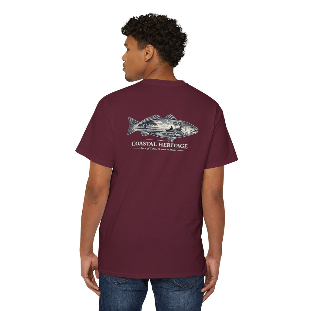 Red Drum Fishing T-Shirt | Coastal Heritage Tee | Born of Tides Drawn to Reds | Southern Coastal Lifestyle Shirt