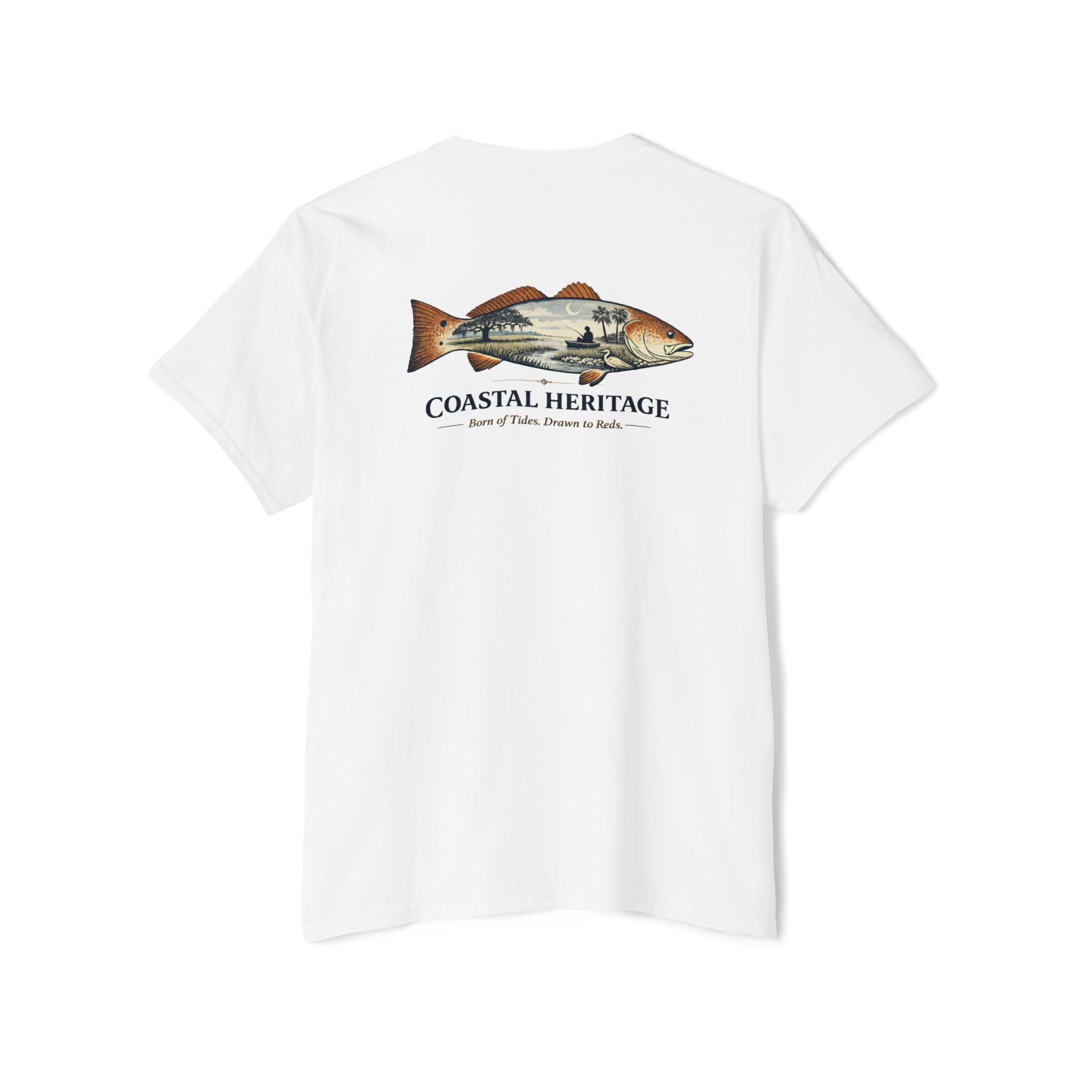 Red Drum Fishing T-Shirt | Coastal Heritage Tee | Born of Tides Drawn to Reds | Southern Coastal Lifestyle Shirt