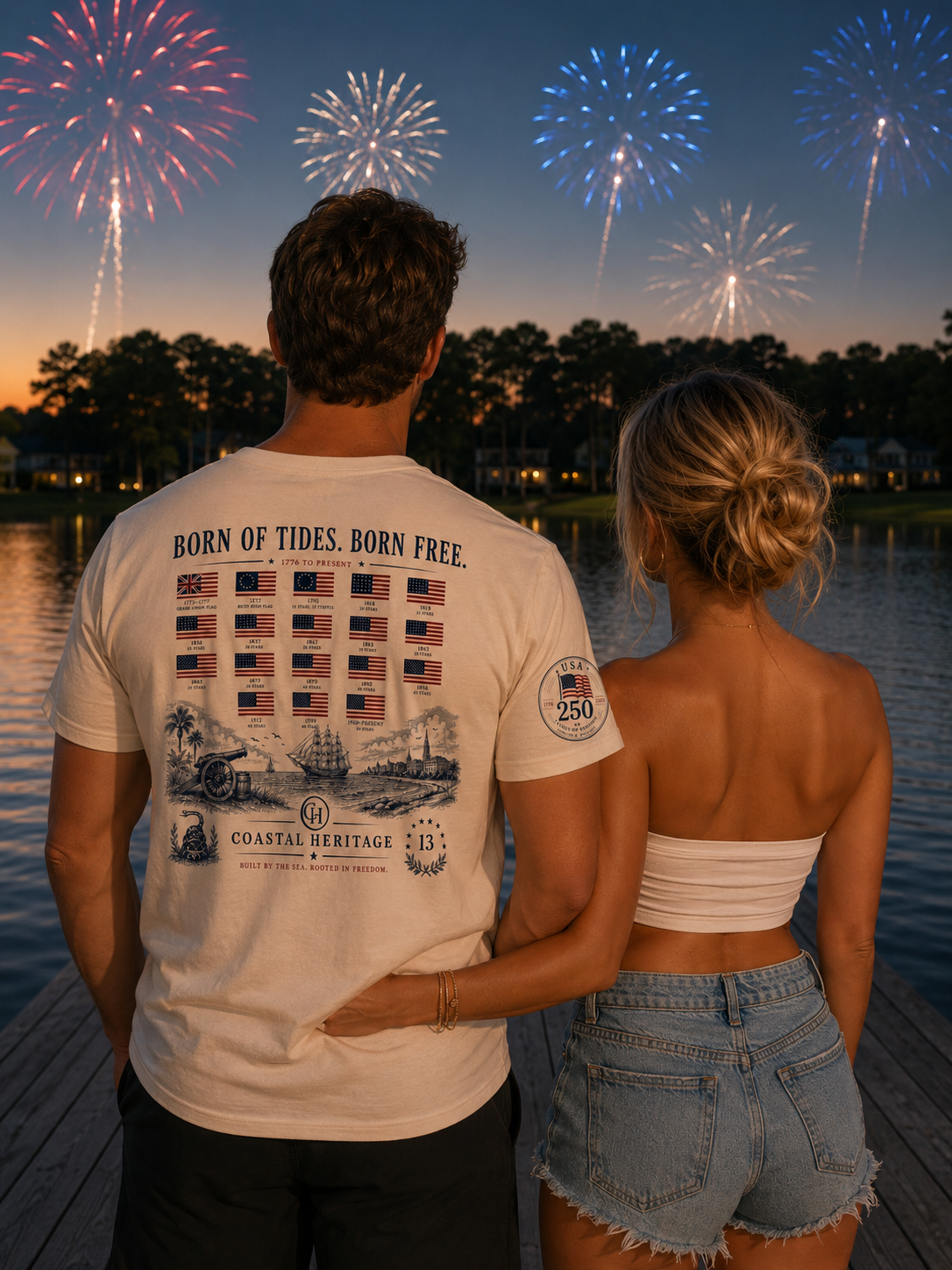 Born of Tides. Born Free. Fourth of July, 250th Anniversary Tee