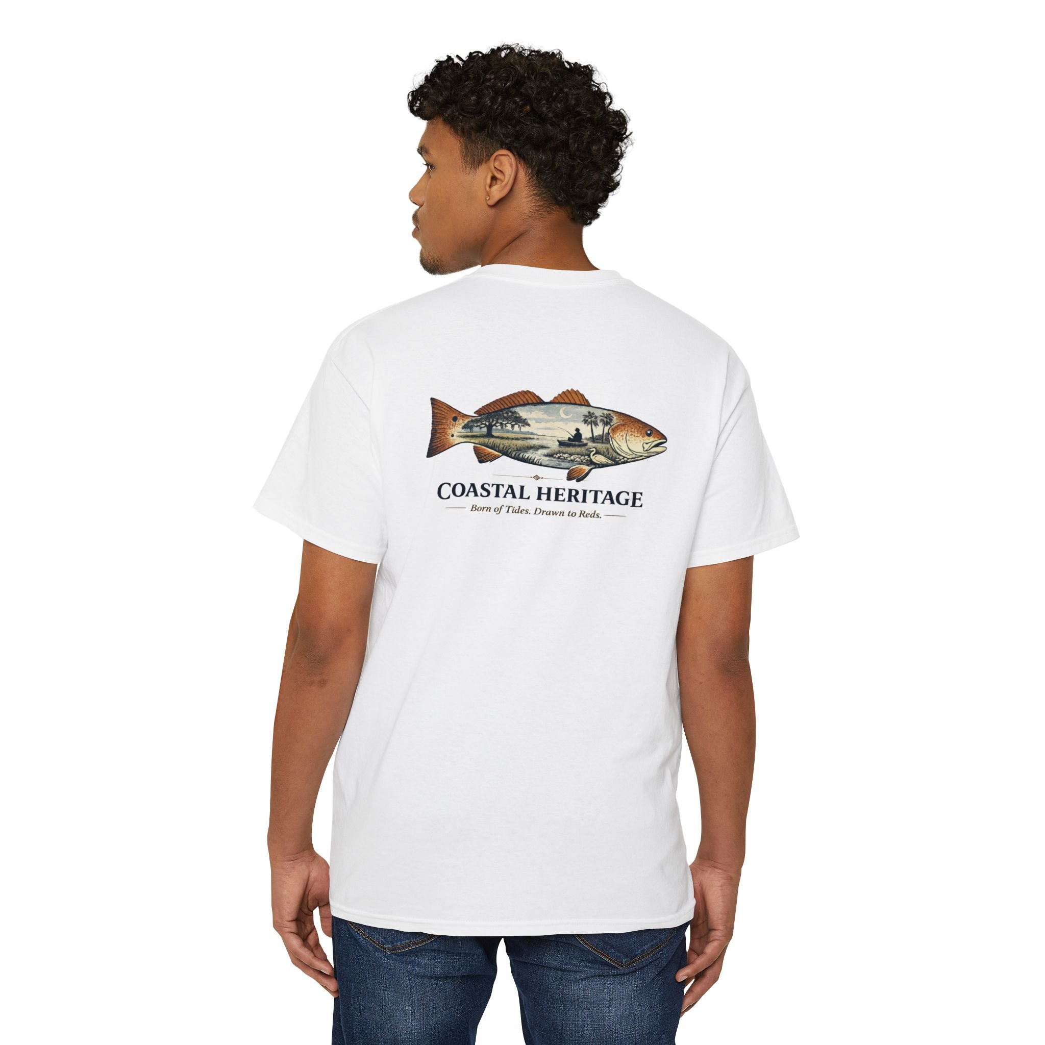 Red Drum Fishing T-Shirt | Coastal Heritage Tee | Born of Tides Drawn to Reds | Southern Coastal Lifestyle Shirt
